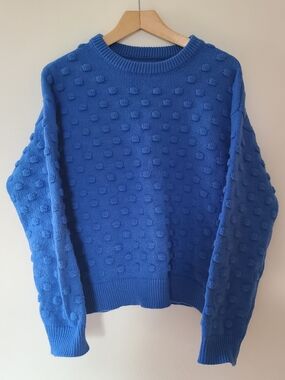 Blue Textured Pom-Pom Knit Sweater - Women